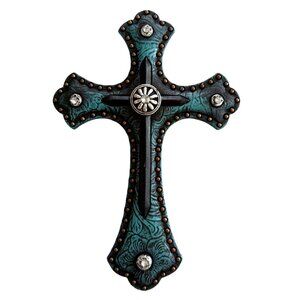 Decorative Wall Cross With Embellished Rhinestones & Turquoise Floral Pattern 7.